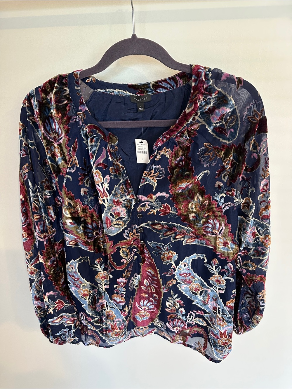Talbots Navy Velvet-Texture Paisley V-Neck Blouse